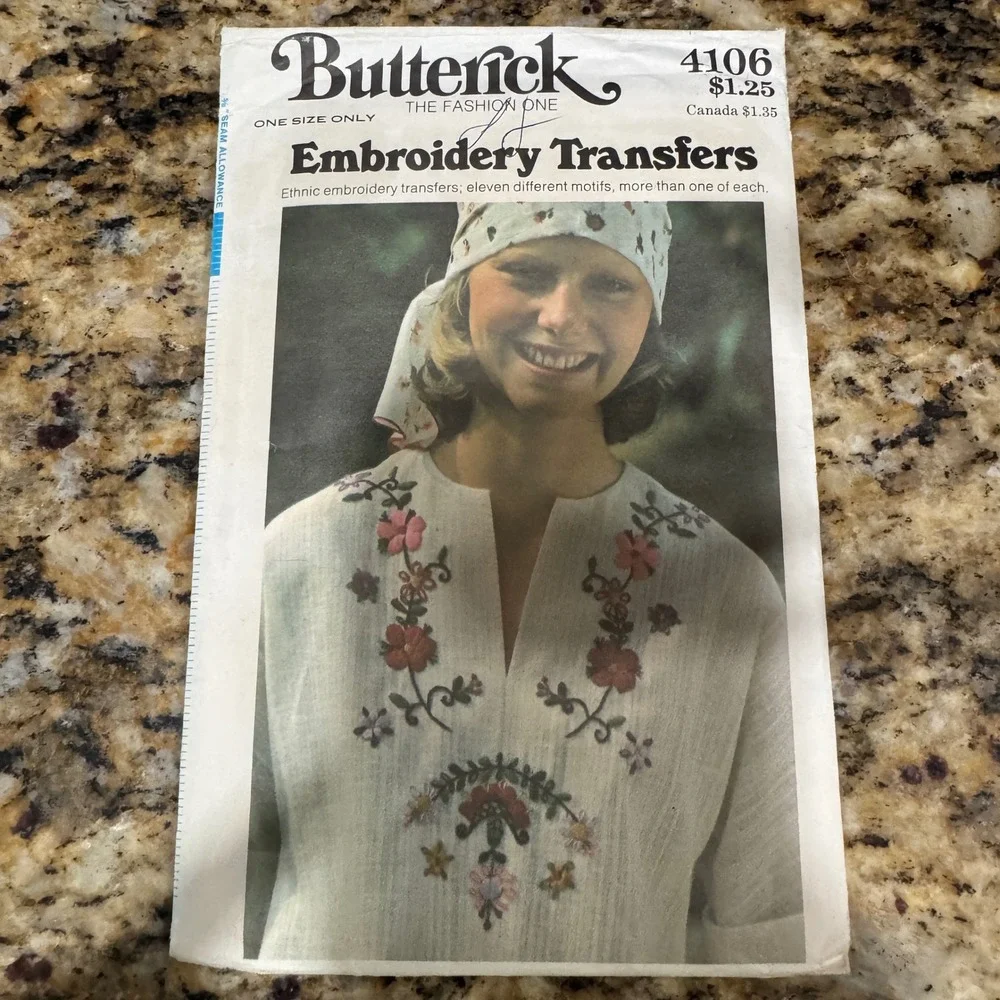 Vintage Butterick 4106 Embroidery Transfers Ethnic Floral Motifs One Size